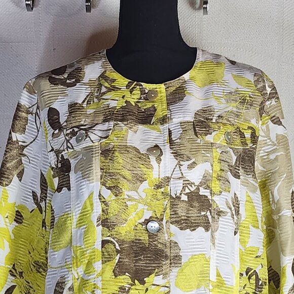Alfred Dunner Citron Yellow Brown Floral Pearlized Button Up Poly Shacket Sz 16 - Picture 2 of 16